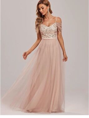 NYWT Dusty Rose gold blush Beaded Tulle Maxi Gown Bridesmaid or Prom